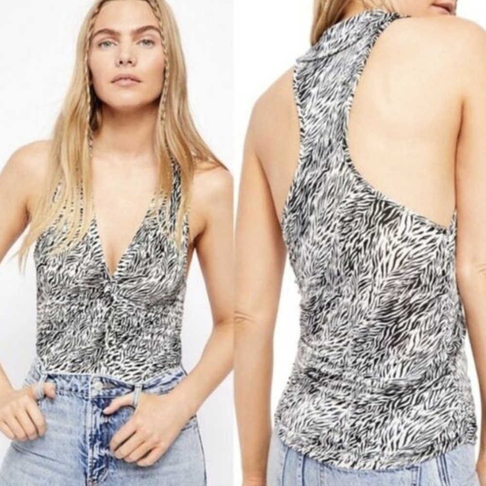 Free People Coco Zebra Print Racerback Ruched Collared Tank Black White S
